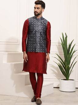 SOJANYA - Mens Silk Blend Maroon Kurta Pyjama & Grey Nehru Jacket (Set of 3)
