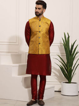 SOJANYA - Mens Silk Blend Maroon Kurta Pyjama & Mustard Nehru Jacket (Set of 3)