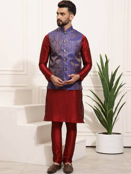 SOJANYA - Mens Silk Blend Maroon Kurta Pyjama & Blue Nehru Jacket (Set of 3)