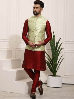 SOJANYA - Mens Silk Blend Maroon Kurta Pyjama & Green Nehru Jacket (Set of 3)