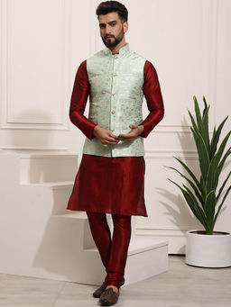SOJANYA - Mens Silk Blend Maroon Kurta Pyjama & Sea Green Nehru Jacket (Set of 3)