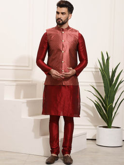 SOJANYA - Mens Silk Blend Maroon Kurta Pyjama & Nehru Jacket (Set of 3)
