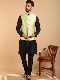 SOJANYA - Mens Silk Blend Black Kurta Pyjama & Green Nehru Jacket (Set of 3)