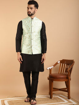 SOJANYA - Mens Silk Blend Black Kurta Pyjama & Sea Green Nehru Jacket (Set of 3)