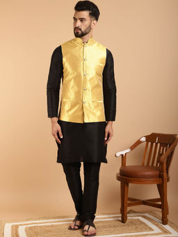 SOJANYA - Mens Silk Blend Black Kurta Pyjama & Yellow Nehru Jacket (Set of 3)