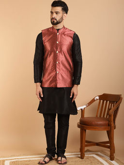 SOJANYA - Mens Silk Blend Black Kurta Pyjama & Maroon Nehru Jacket (Set of 3)