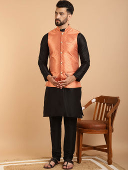 SOJANYA - Mens Silk Blend Black Kurta Pyjama & Orange Nehru Jacket (Set of 3)