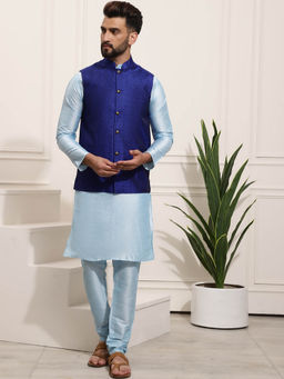 SOJANYA - Mens Silk Blend Sky Blue Kurta Pyjama & Royal Blue Nehru Jacket (Set of 3)