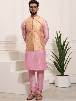 SOJANYA - Mens Silk Blend Pink Kurta Pyjama & Peach Nehru Jacket (Set of 3)