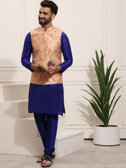 SOJANYA - Mens Silk Blend Rblue Kurta Pyjama & Peach Nehru Jacket (Set of 3)