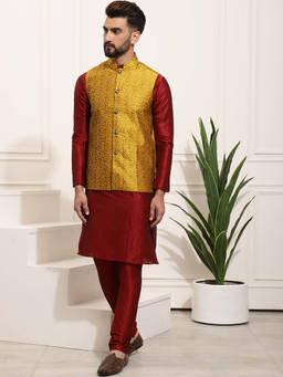 SOJANYA - Mens Silk Blend Maroon Kurta Pyjama & Mustard Nehru Jacket (Set of 3)