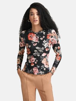 Kazo - Black Stretchable Printed Full Sleeves Top