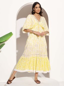 Magre - Yellow One Size Embroidery Kaftan Dress