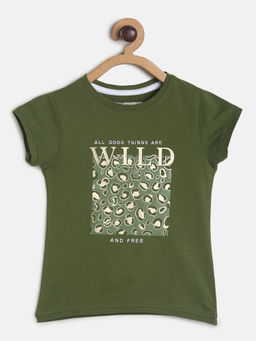Tales & Stories - Girls Lycra Olive Printed T-shirt