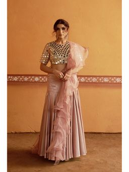 THETAA - Hand-Embroidered Mirror Work Pink Blouse With Lehenga And Ruffle Dupatta