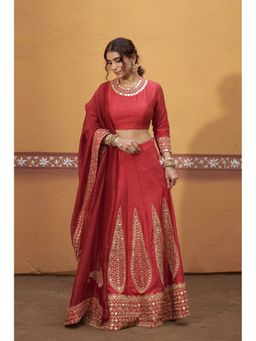 THETAA - Kalidar Red Hand Embroidered Lehenga With Blouse And Dupatta