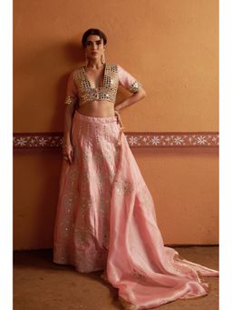 THETAA - Kalidar Blush Pink Hand Embroidered Lehenga With Blouse And Dupatta