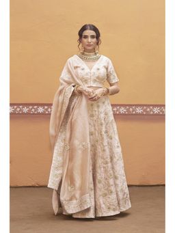 THETAA - Fully Hand Embroidered Dabka Work Beige Blouse With Lehenga And Dupatta