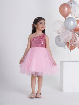 Mini Stitch - Pink Sequence Body One Shoulder Party Dress
