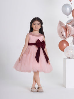 Mini Stitch - Peach Big Sequence Bow Tiered Party Dress