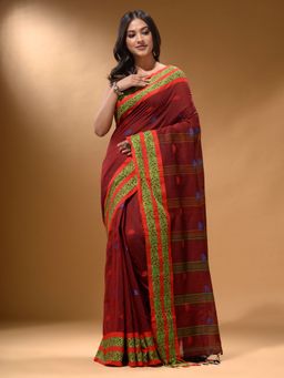 Arhi - Brick Red Cotton Handspun Soft Nakshi Border Saree with Unstitched Blouse