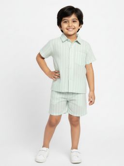 Orange Sugar - Kids Unisex Linen Stripe Green Shirt and Shorts
