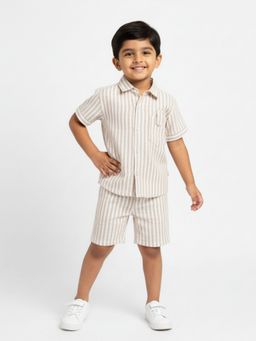 Orange Sugar - Kids Unisex Linen Stripe Brown Shirt and Shorts