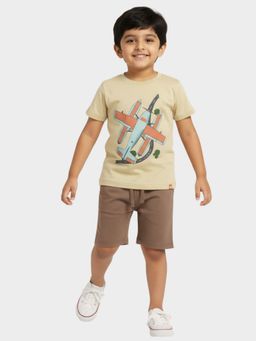 Orange Sugar - Unisex Kids Cream Plane Printed T-Shirts and Shorts