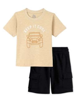 FUNKRAFTS - Boys Beige Premium Half Sleeves Car Printed T-Shirt and Shorts