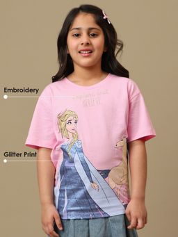 Kidsville - Official Frozen Explore and Believe Girls Glitter Graphic Printed T-shirt