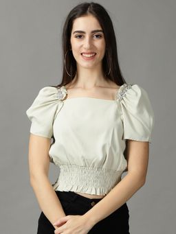 SHOWOFF - Womens Square Neck Cinched Waist Solid Green Crop Top