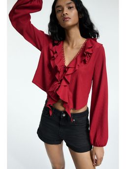 H&M - Women Red Flounce-trimmed blouse