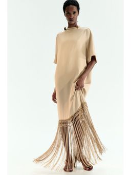 H&M - Women Beige Fringe-trimmed dress