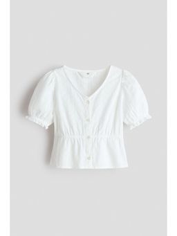 H&M - Girls White Puff-sleeved cotton seersucker Top