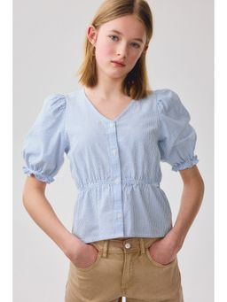 H&M - Girls Blue Puff-sleeved cotton seersucker Top