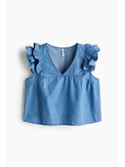 H&M - Women Blue Frill-trimmed cotton poplin top