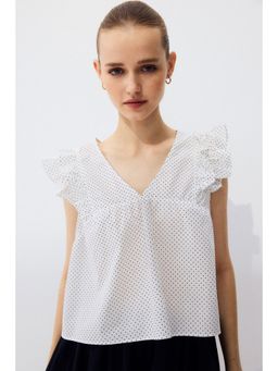 H&M - Women White Frill-trimmed cotton poplin top