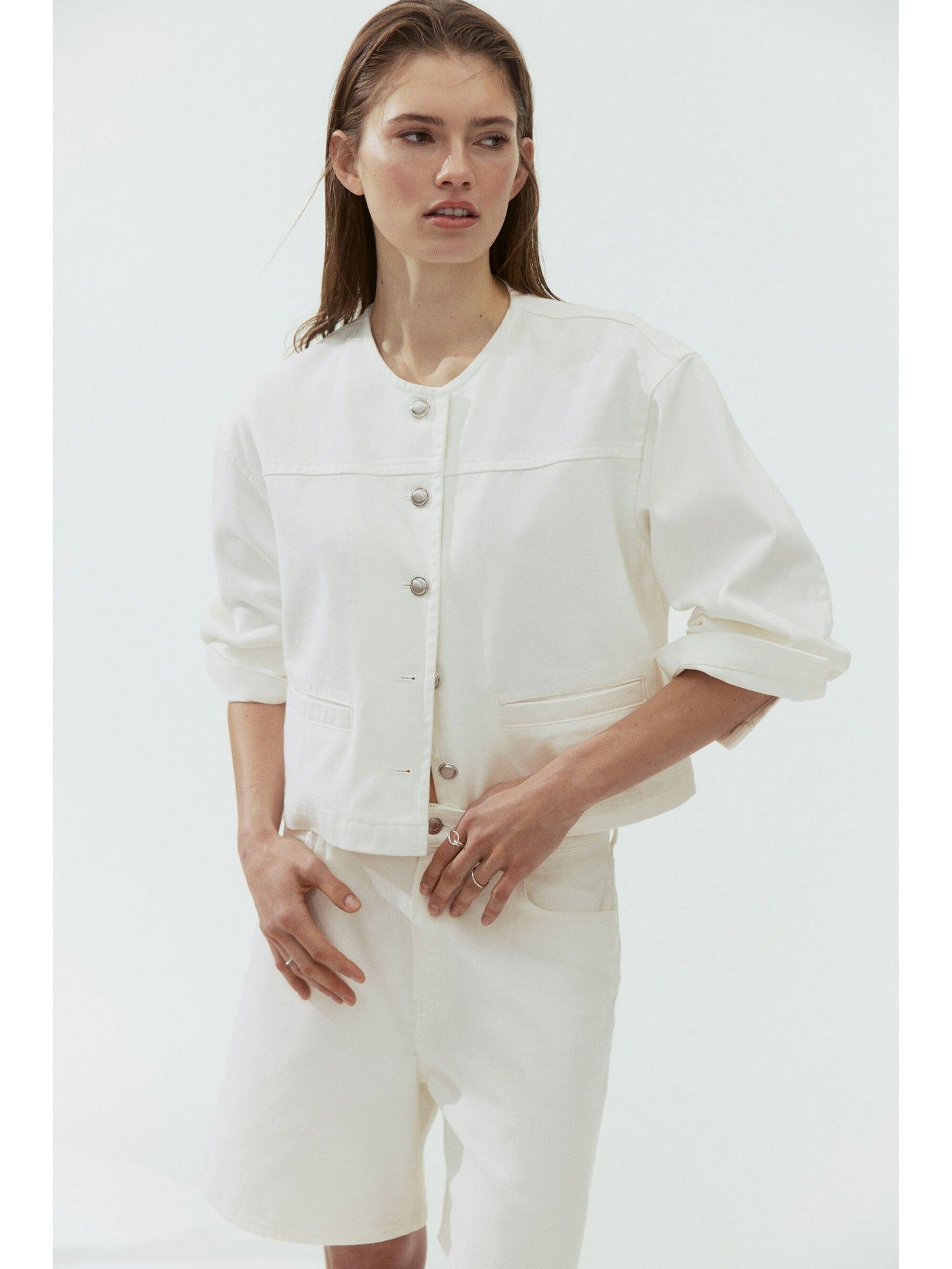 h&m Women White Collarless denim jacket-picture-15