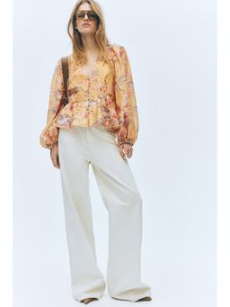 H&M - Women Yellow Linen-blend peplum blouse