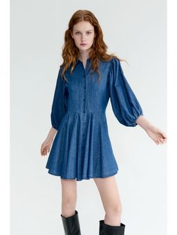 H&M - Women Blue Puff-sleeved flared-skirt dress