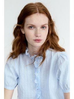 H&M - Women Blue Frill-trimmed cotton blouse