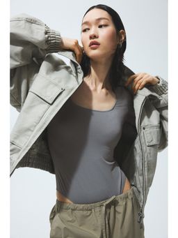 H&M - Women Grey Long-sleeved thong Bodysuit