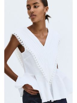 H&M - Women White Linen-blend peplum top