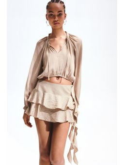 H&M - Women Beige Balloon-sleeved blouse