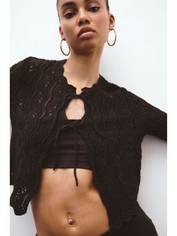 H&M - Women Brown Pointelle-knit tie-front cardigan