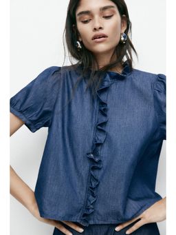 H&M - Women Blue Frill-trimmed denim blouse