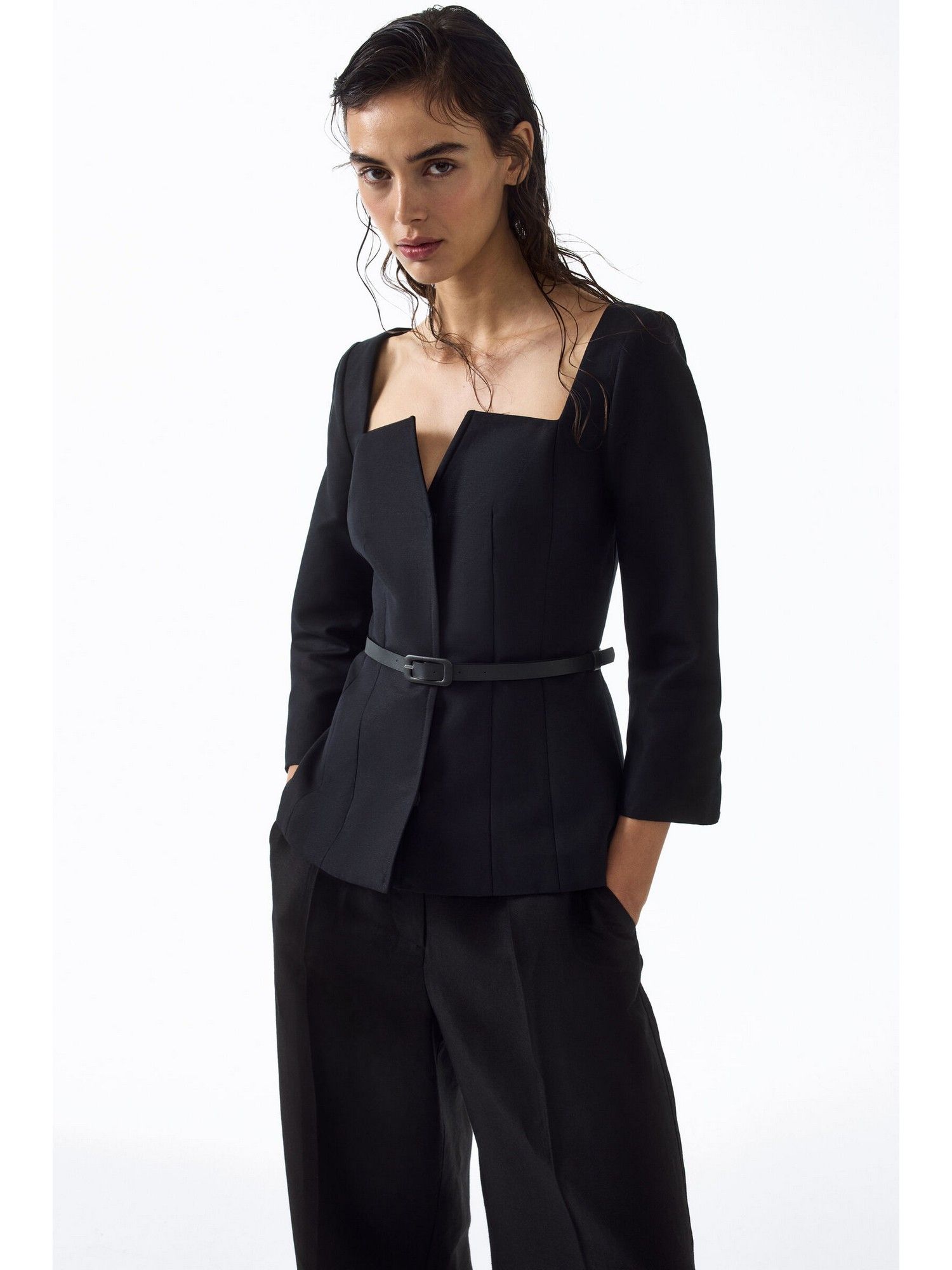 h&m Women Black Square-neck cotton blazer-picture-25