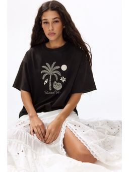 H&M - Women Black Oversized embroidered T-shirt
