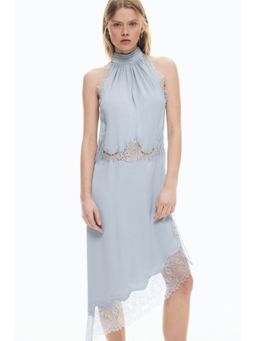 H&M - Women Blue Lace-trimmed satin dress