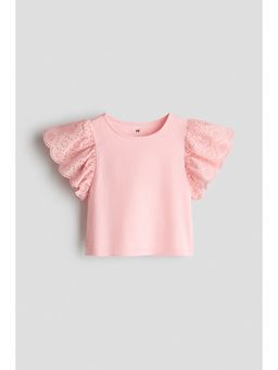 H&M - Girls Pink Flutter-sleeved broderie anglaise top